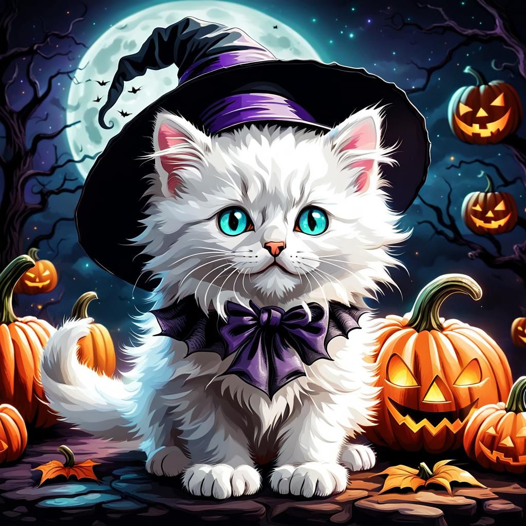 Adorable Halloween Kitten in Witch Hat, Pop Art