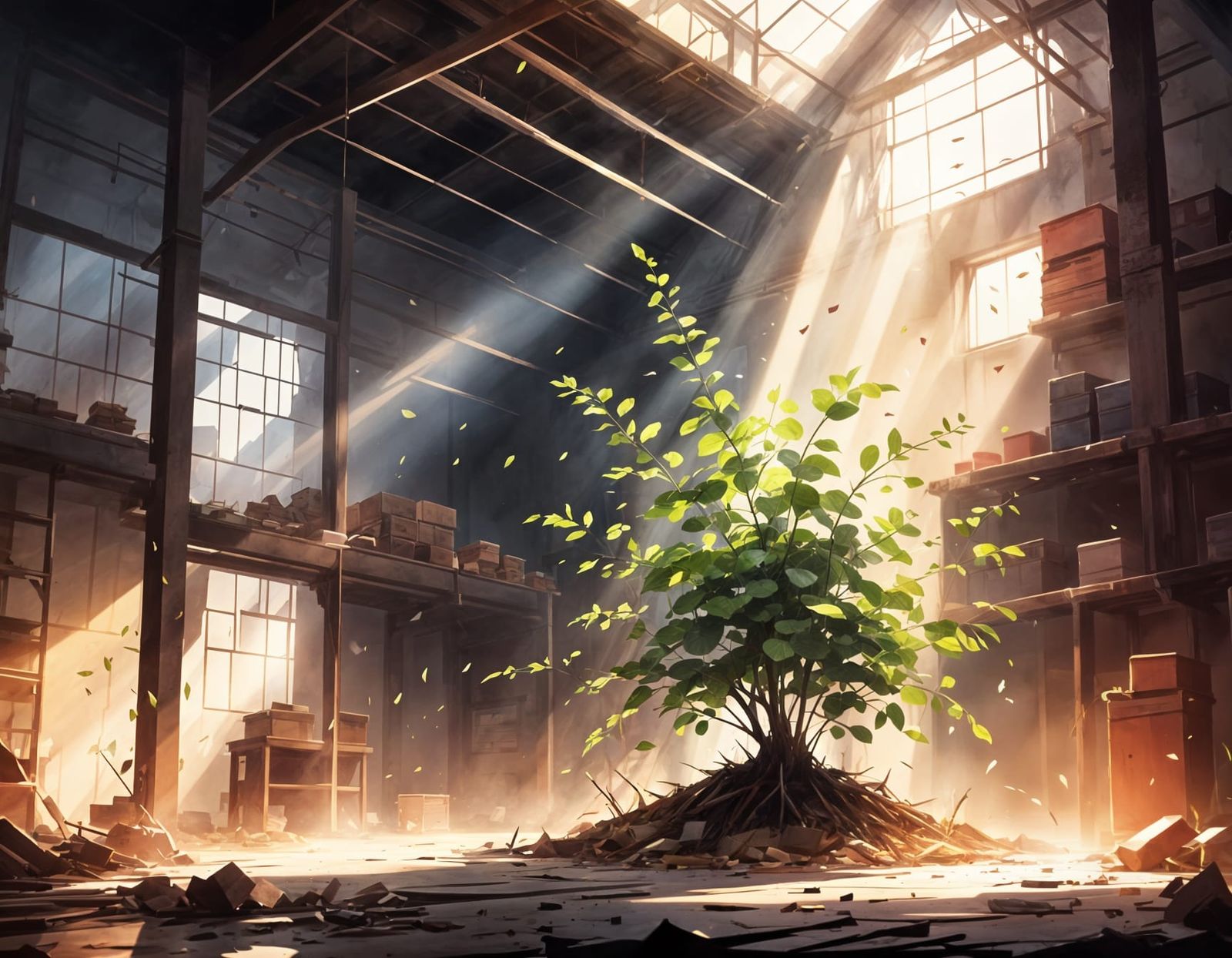 Sapling in Warehouse: Anime-Style Cinematic Lighting