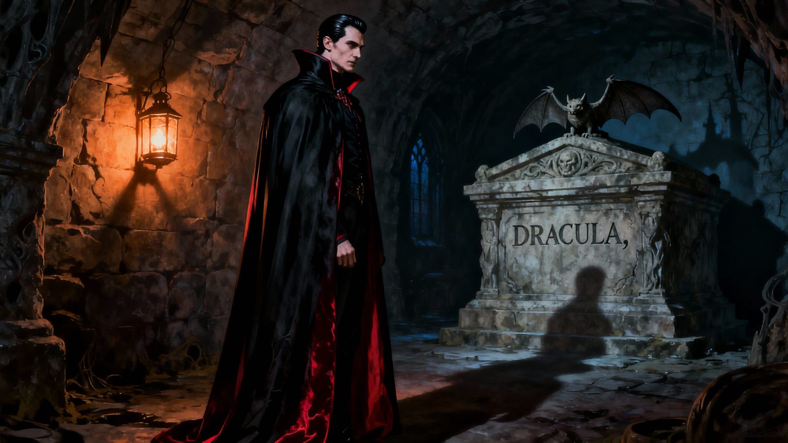 Dracula in Stone Cellar with Gothic Atmosphere