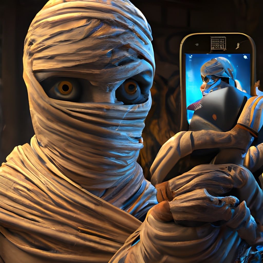 Mummy wrapped in bandages taking a silly afterlife selfie