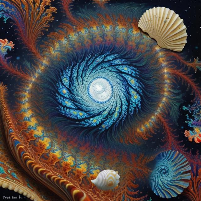 Masterpiece oil painting: fractal mandelbrot dendritic lovely fish with beautiful detailed eyes inside of a seashell. ps...
