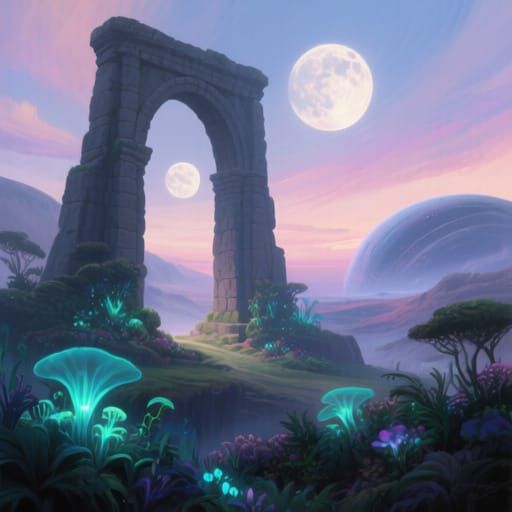 Epic Alien Worlds Connected by Stone Archway