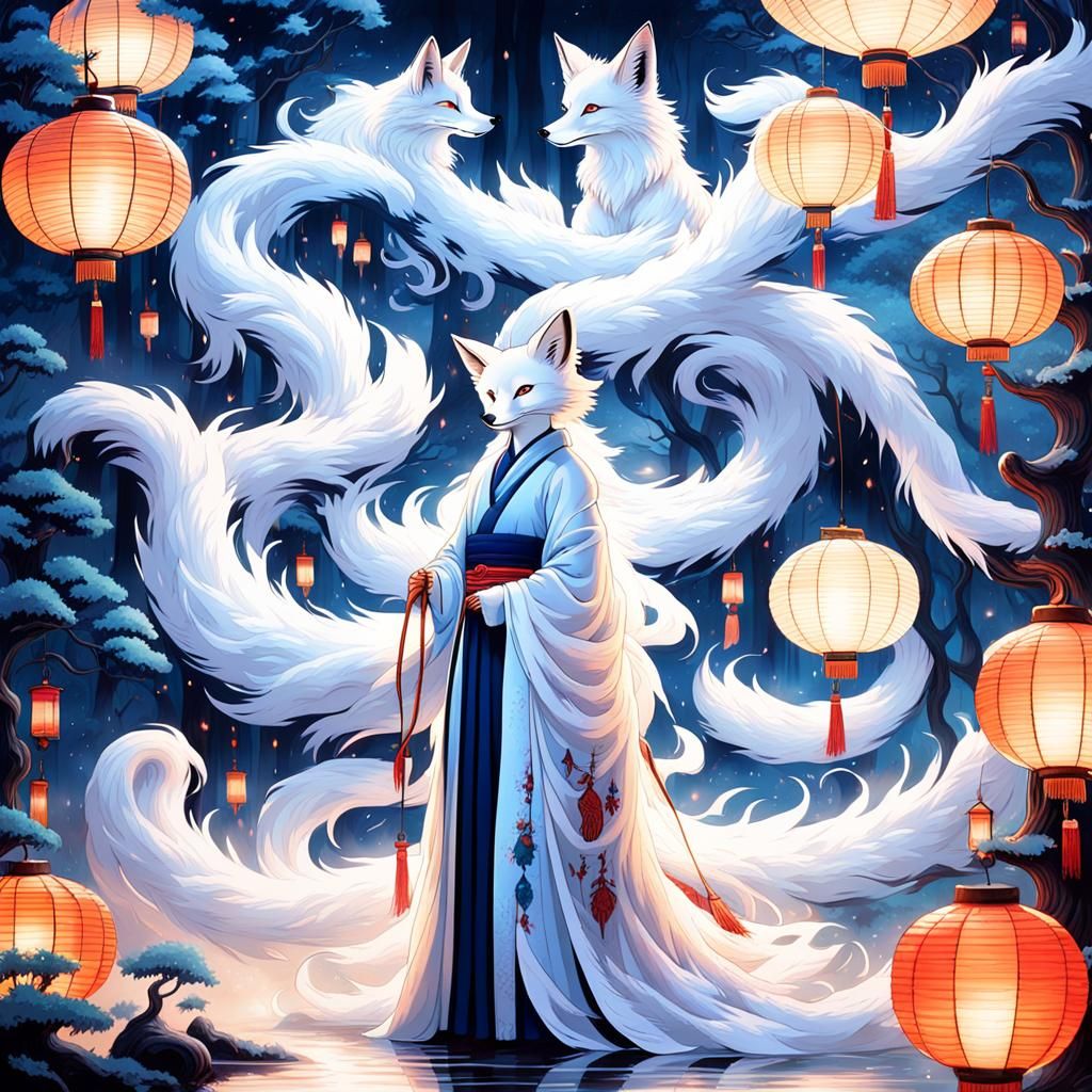 Mystical Kitsune Wu-jen in Misty Forest