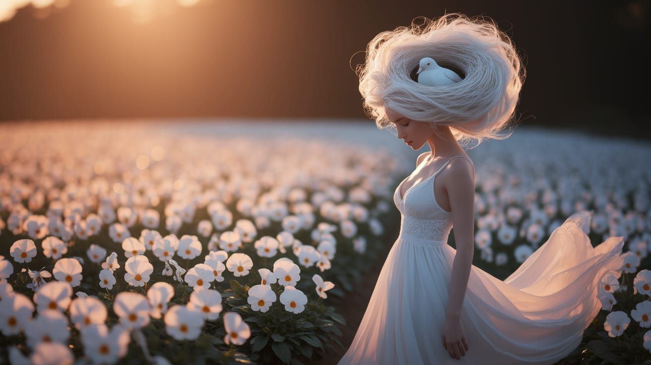 Woman with Dove in Hair, Pre-Raphaelite Style