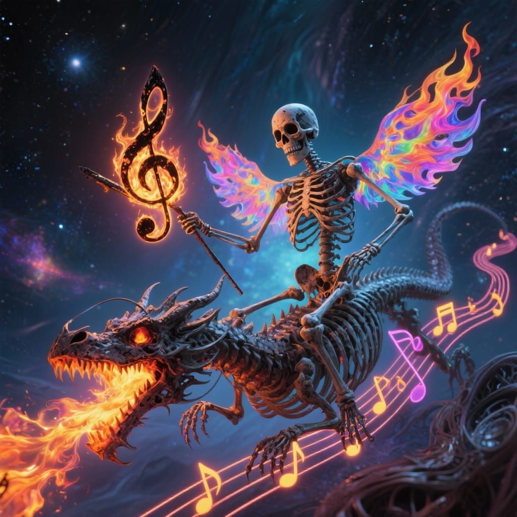 Burnt Skeleton Wields Treble Clef Amidst Fiery Dragon Ride
