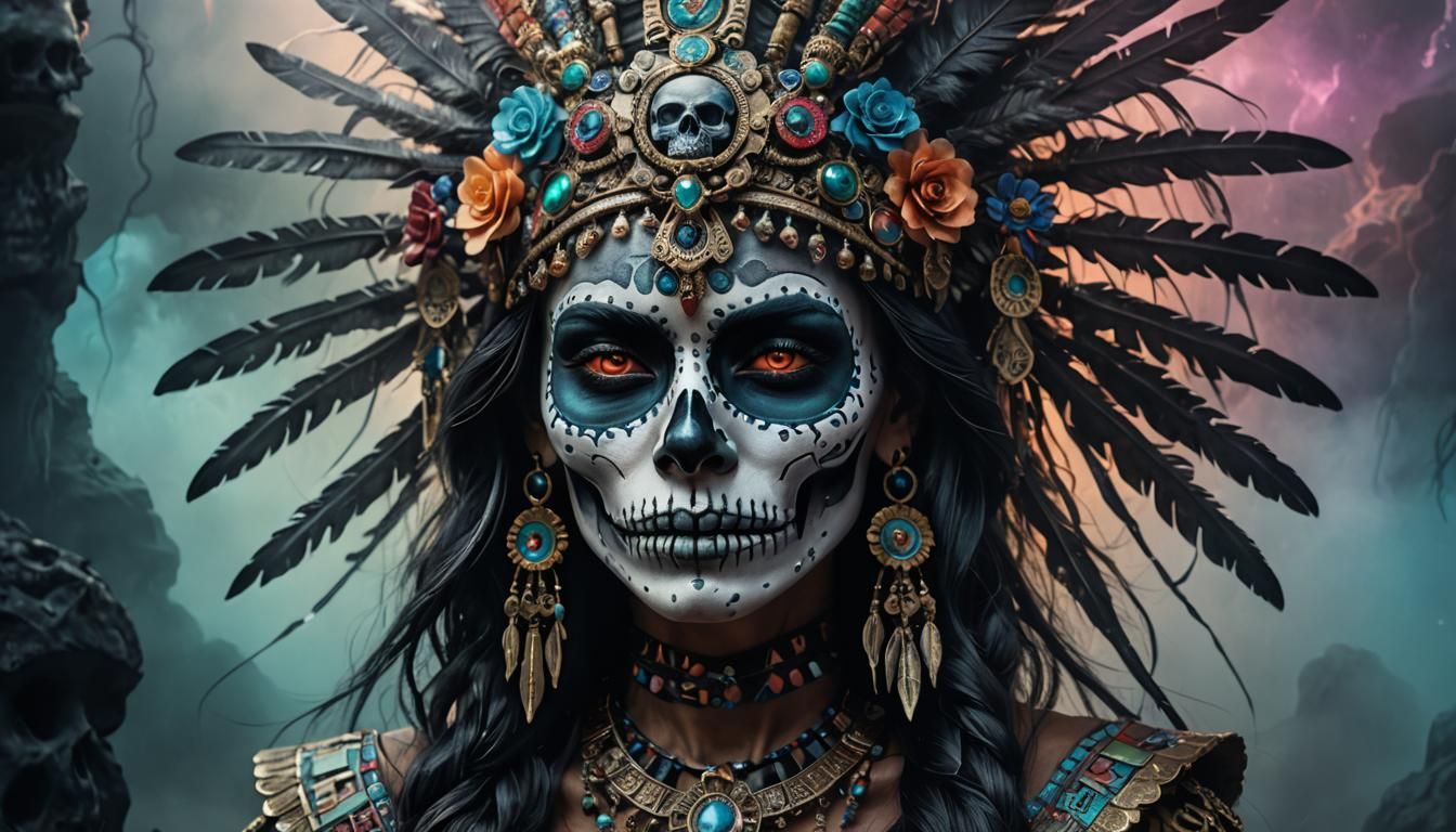 Skeleton Aztec Princess with Ethereal Mist