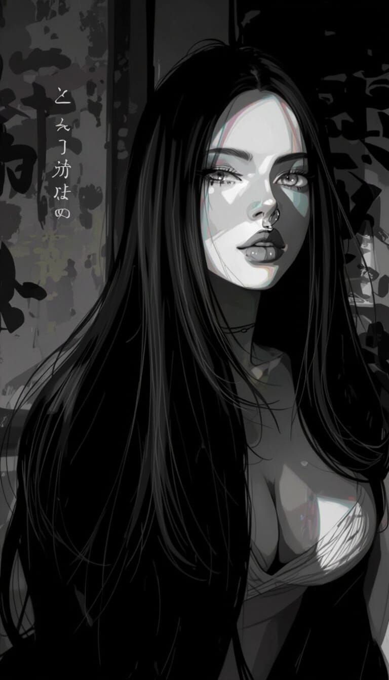 Monochrome Anime Woman with Intense Gaze