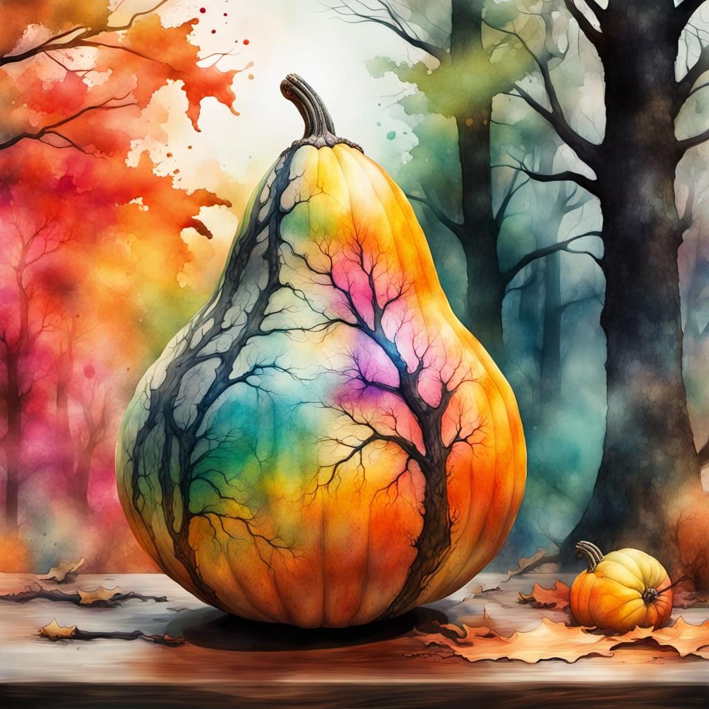 Glitch Art Gourd in Forest, Realistic Illustration