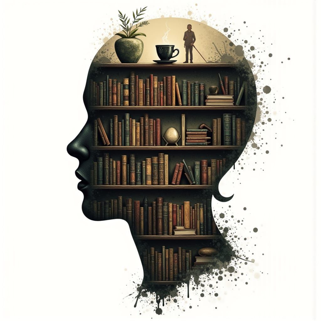 Cozy Bookshelf with Coffee, Ink & Watercolor Style