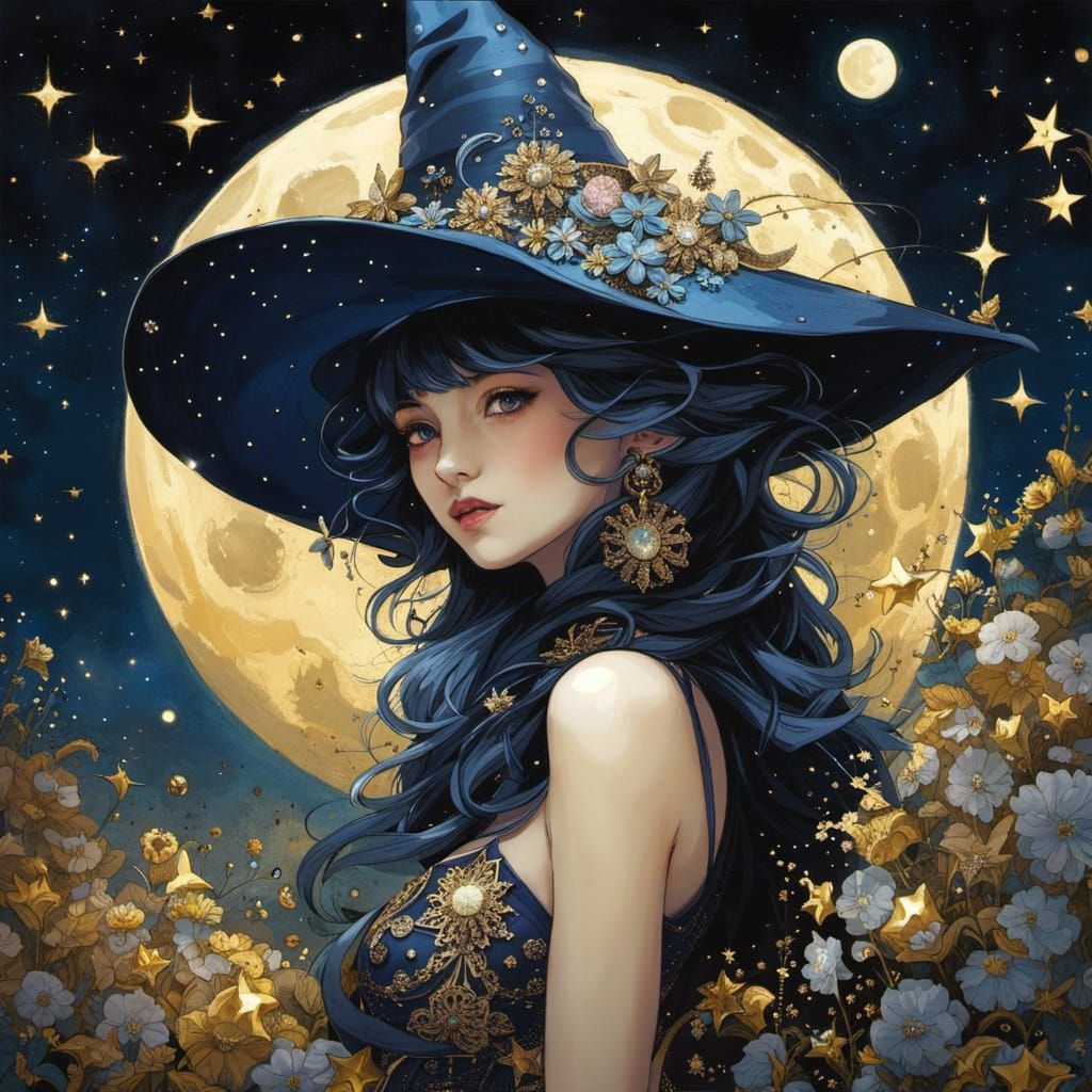 Magic Moon Witch in Starry Night Portrait