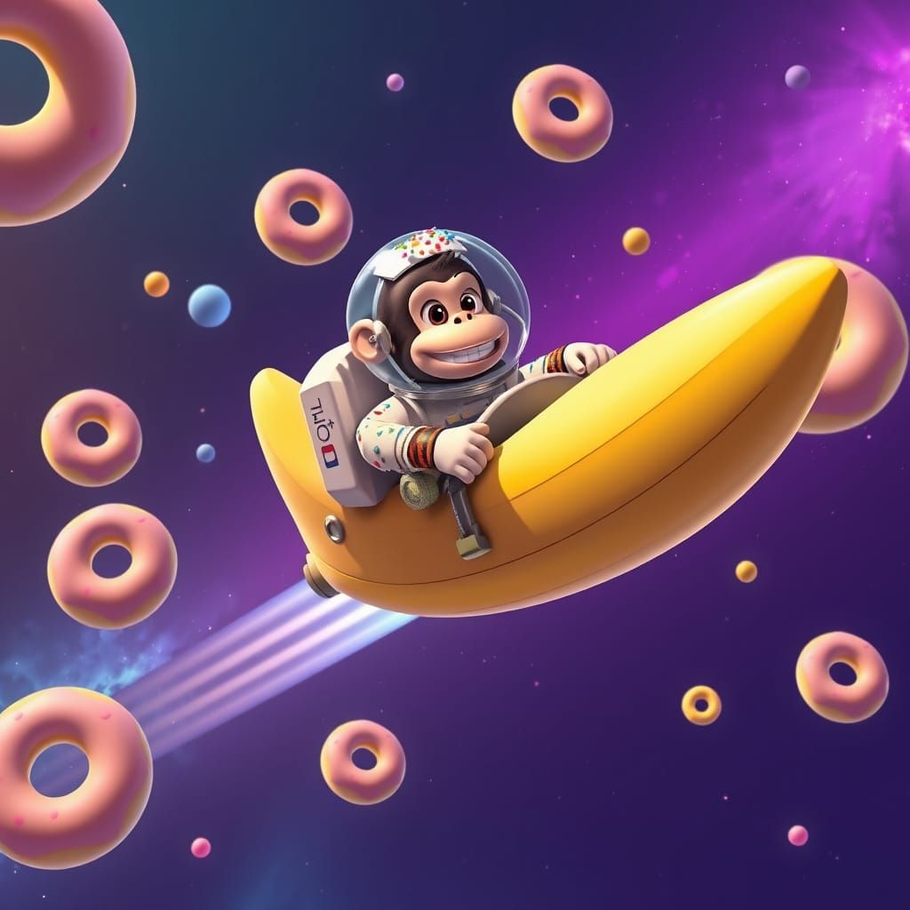 Monkey Astronaut Pilots Spaceship Through Donut Nebula