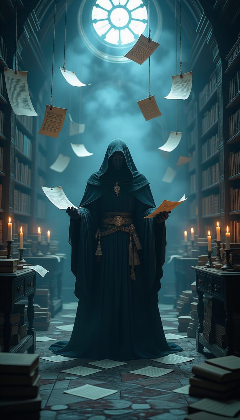 Mystical Figure Amidst Floating Parchment