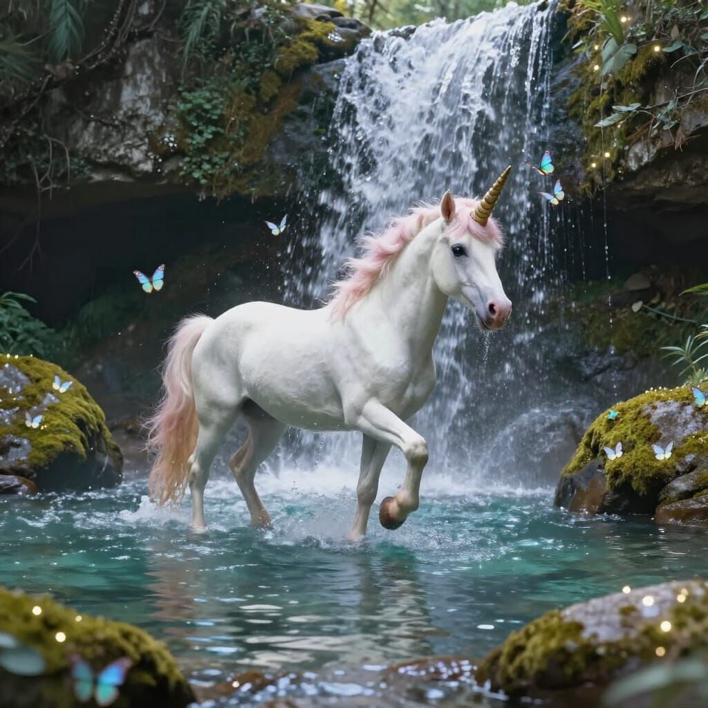 Unicorn in Shimmering Waterfall Sanctuary, Painterly Style