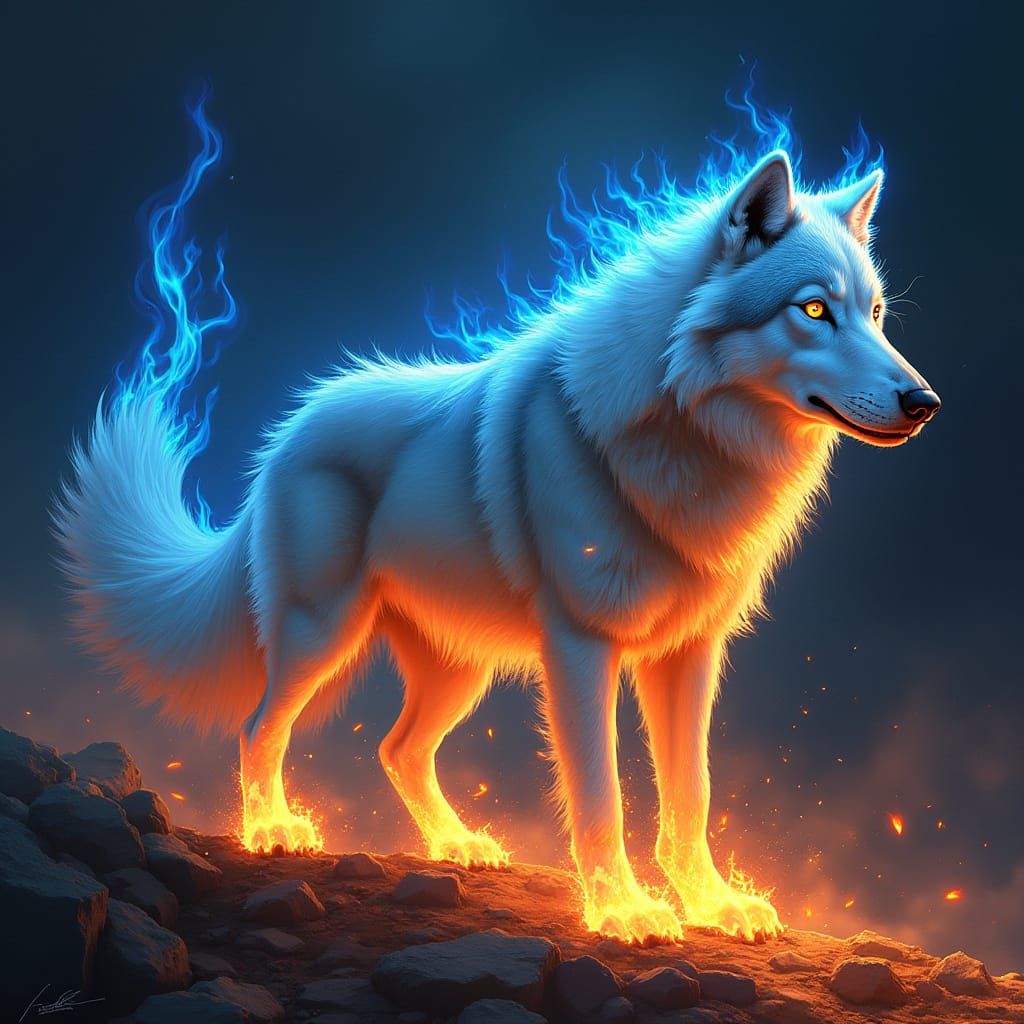 Majestic Wolf Embodied with Fiery Energy and Golden Eyes