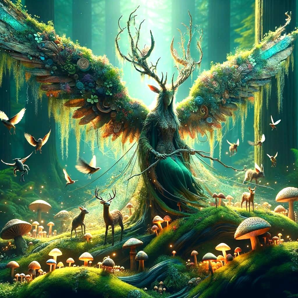 Hyperrealistic Forest Spirit with Antlers and Bark Wings