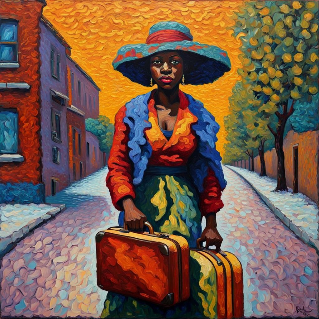Immigrant Woman with Suitcase in Butler Style