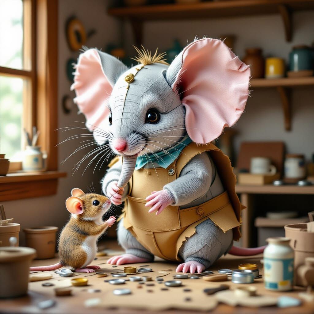 Mouse Builds Giant Elephant Costume: Whimsical Illustration