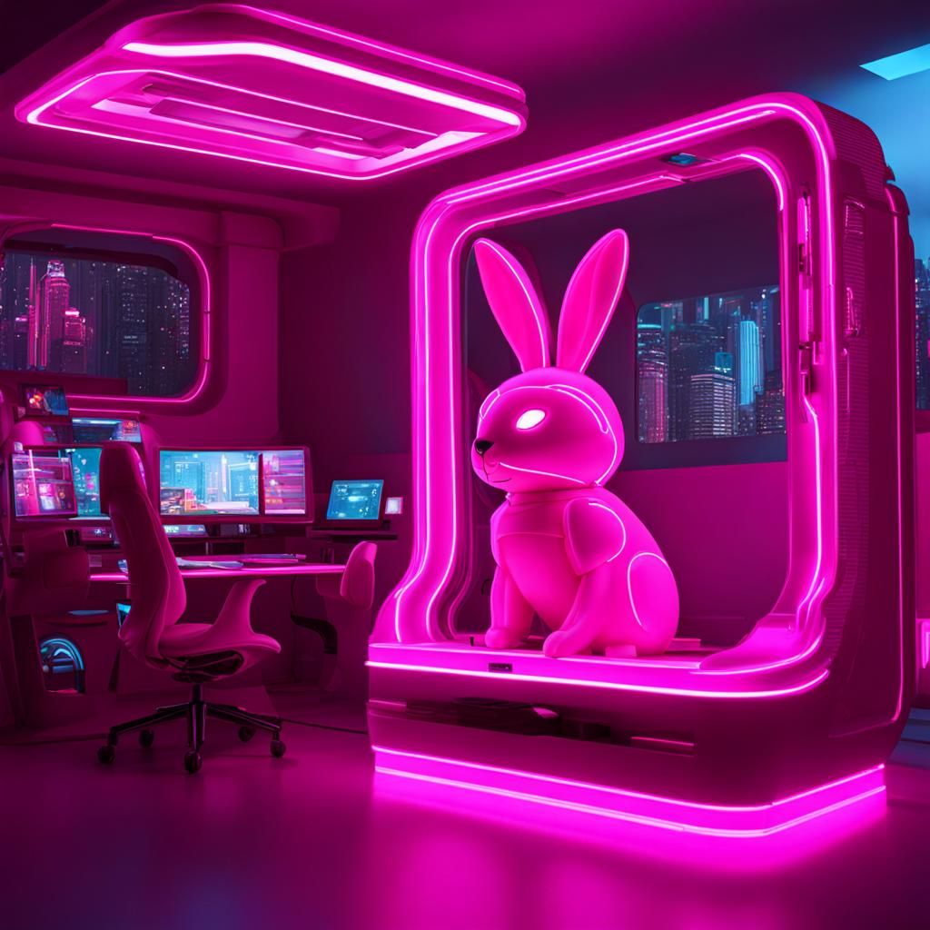 Cyber Bunny Bot in Neon Cyberpunk Hutch