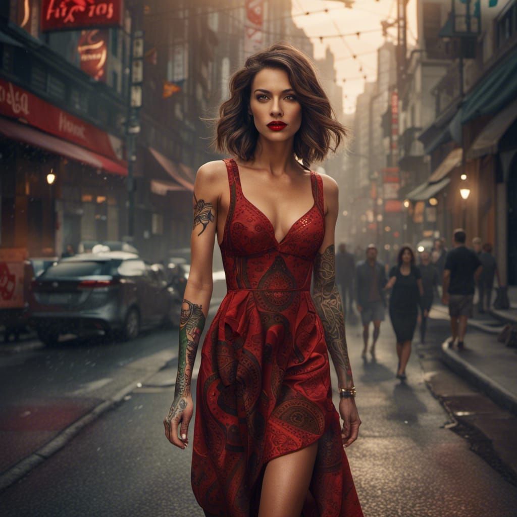 Beautiful Woman with Red Dress in Detailed Matte Painting