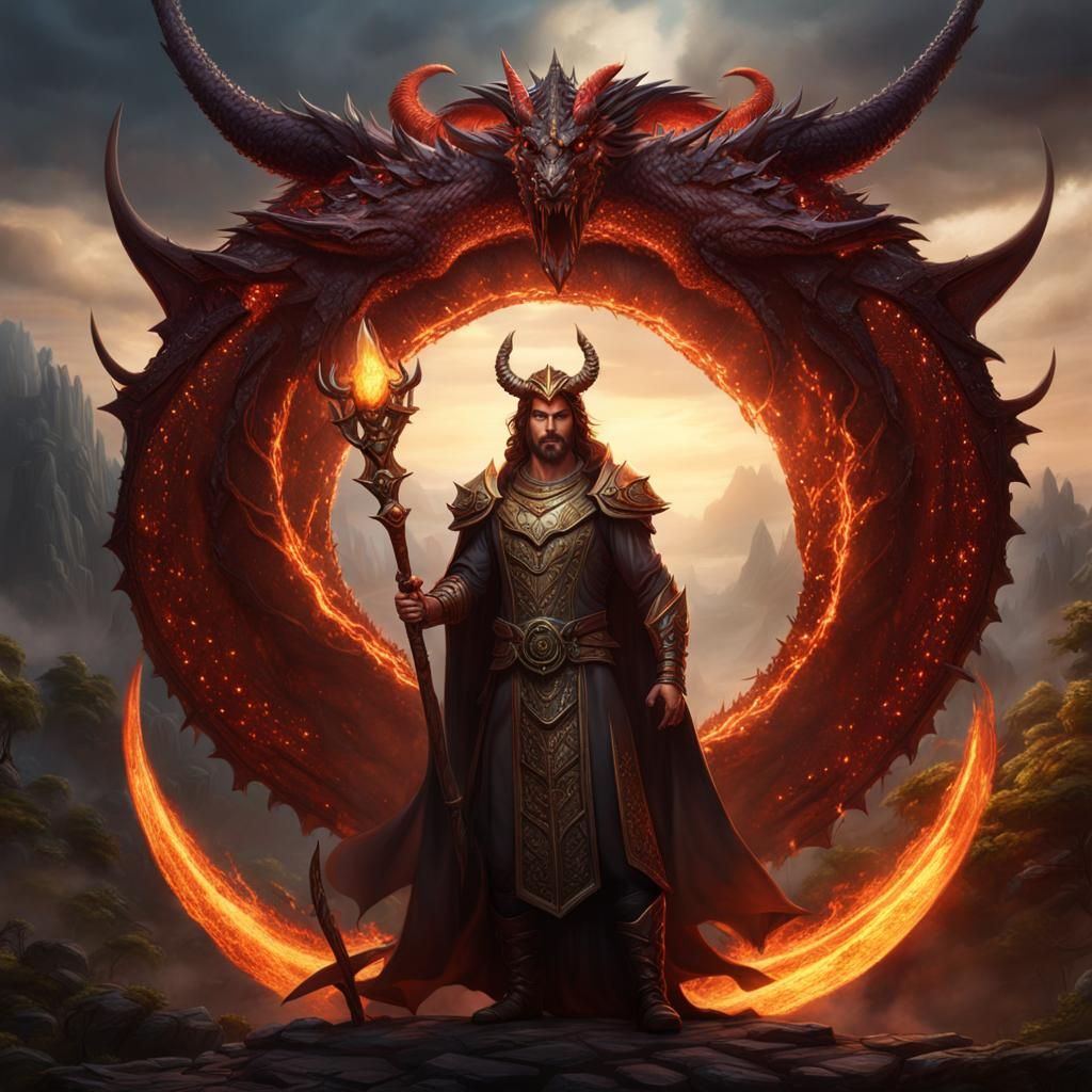 Dragon-Human Druid with Horns and Halo