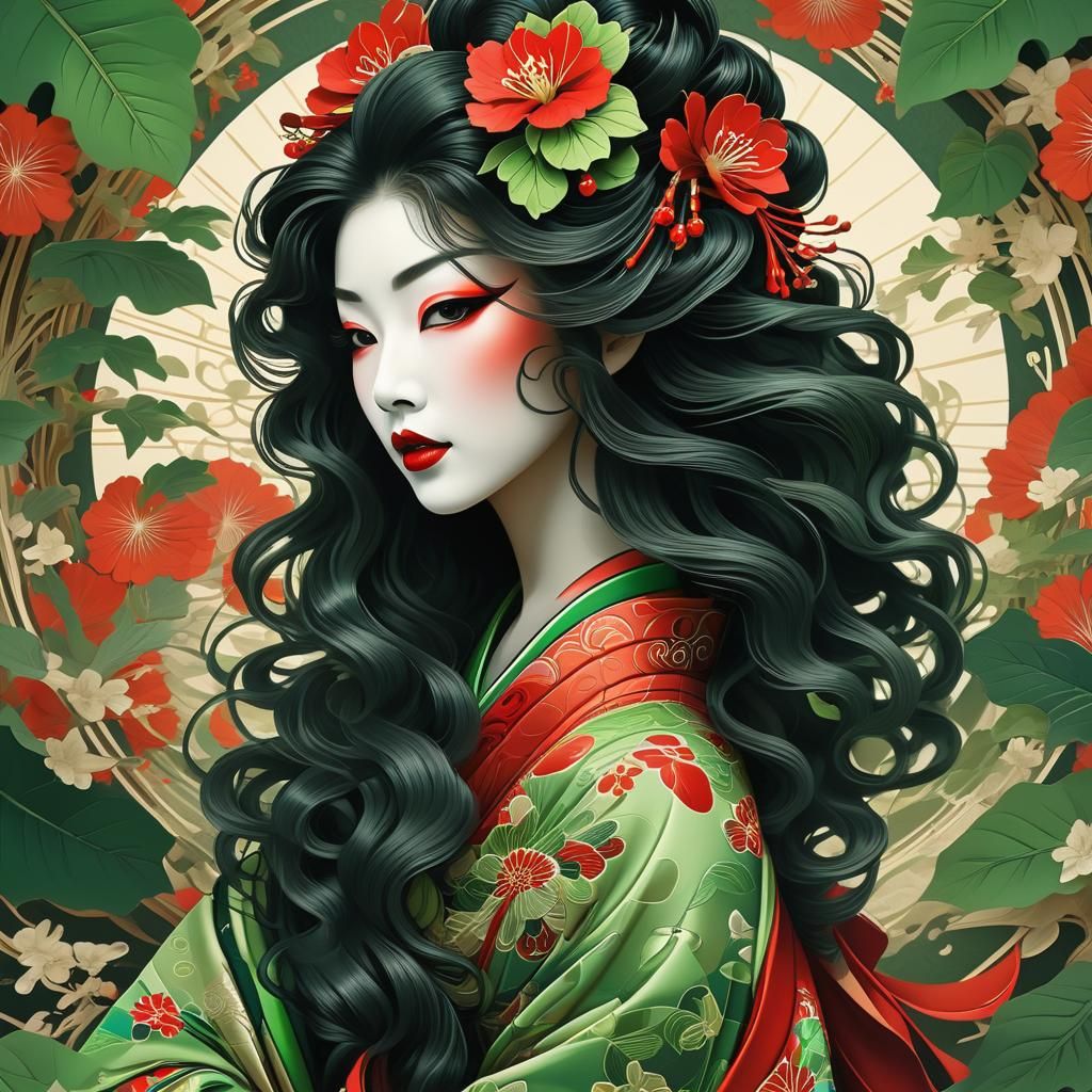 Geisha with Green Leaves in Digital Art Nouveau