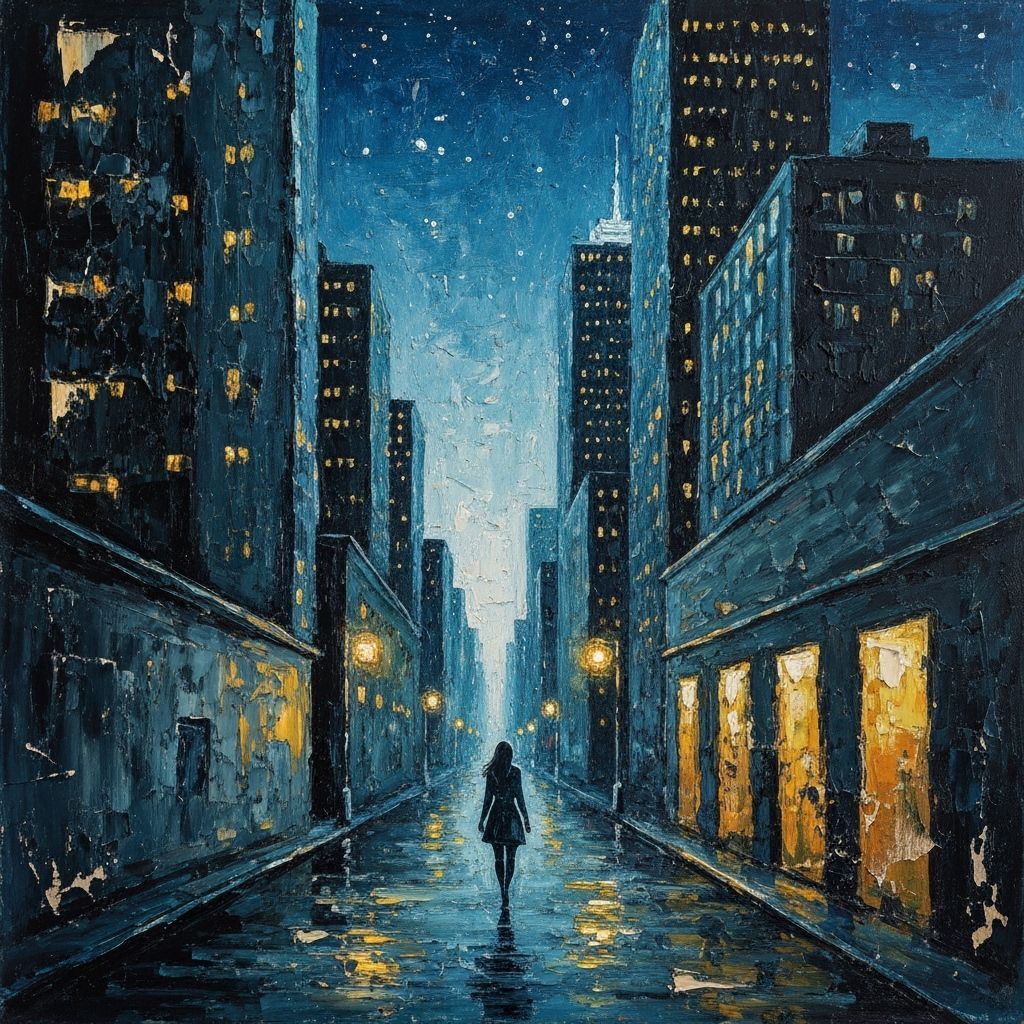 Woman in City at Night: Expressionist Painting