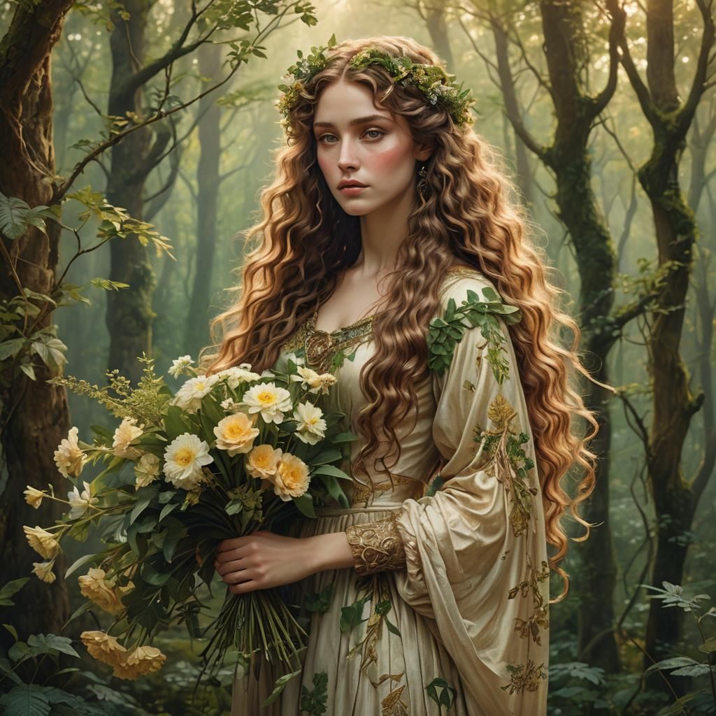 Pre-Raphaelite Woman with Flowers in Forest