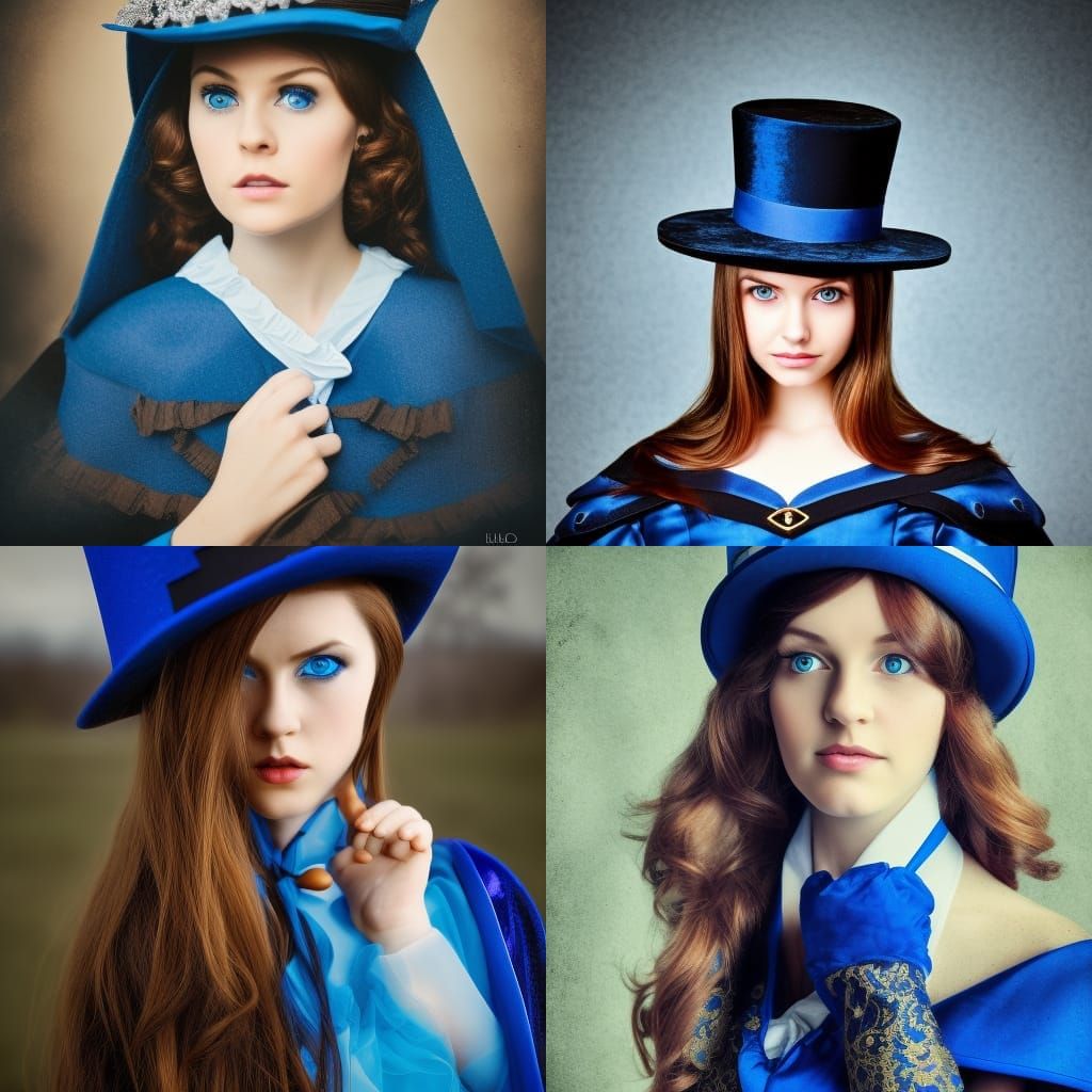 Girl in Blue Top Hat: Hyperrealistic Portrait