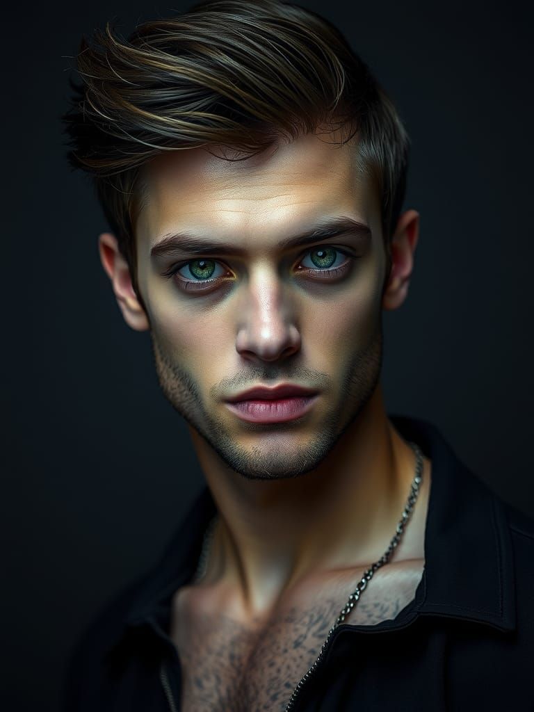 Beautiful Man with Green Eyes: Gothic Photorealistic Portrai...