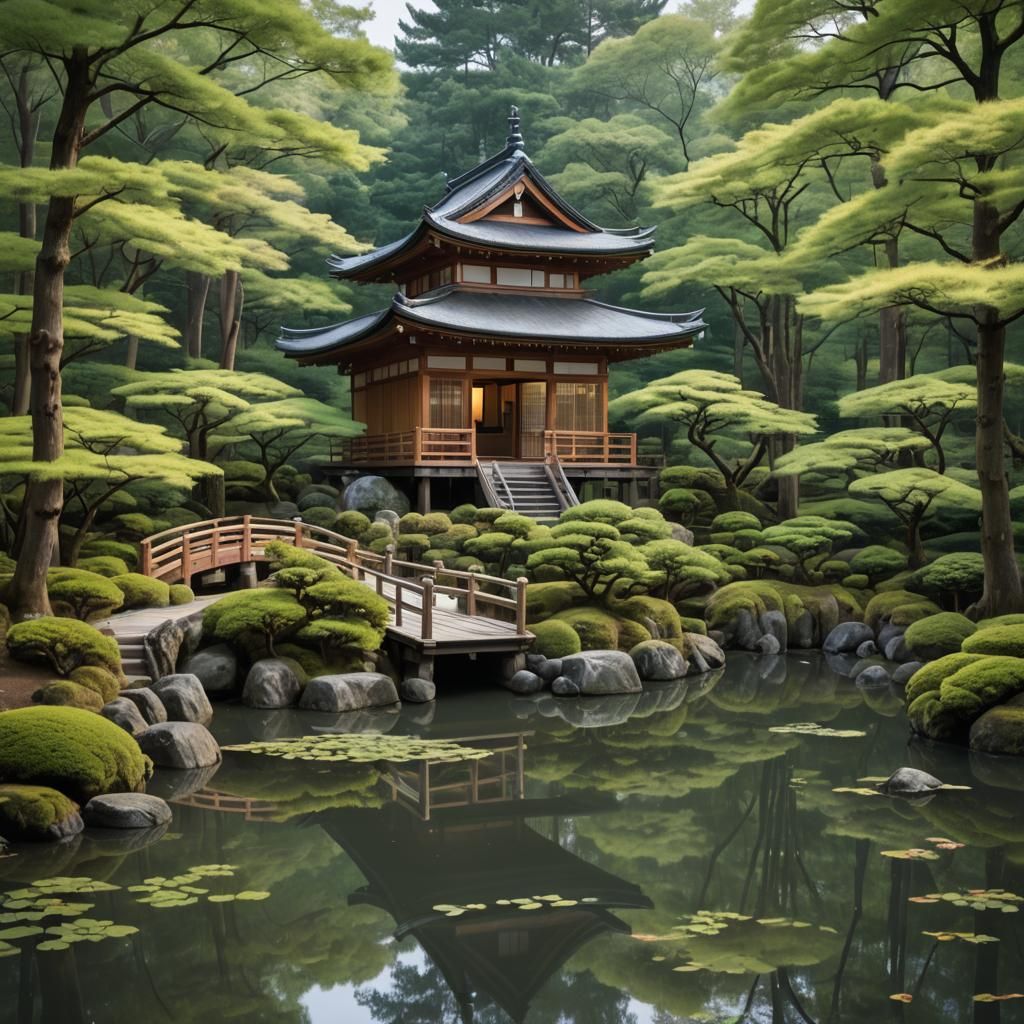 Tranquil Japanese Pagoda House in Forest Setting