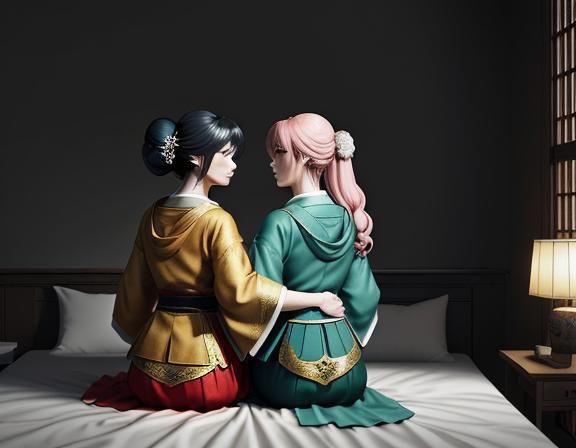 Two Female Kitsune Kissing in Manga Style