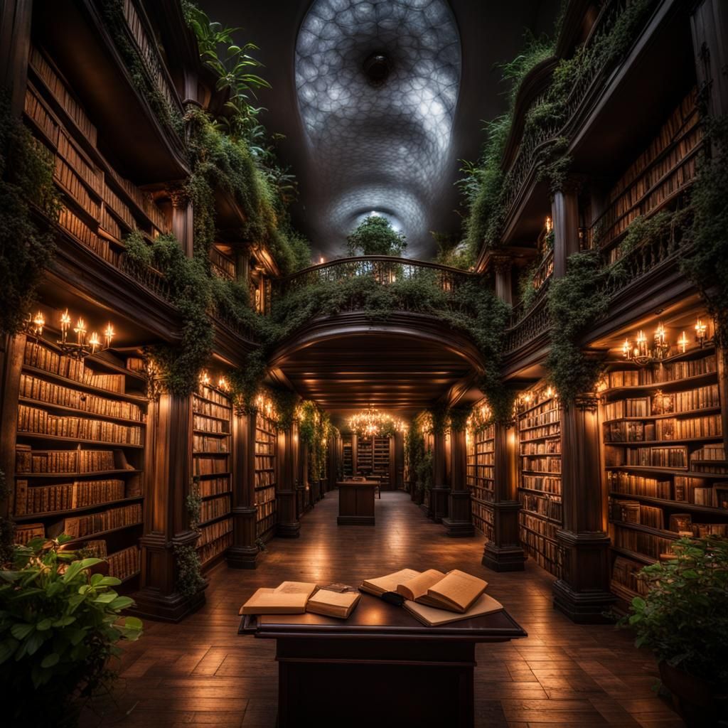 Lush Underground Library with Candlelight, Hyperrealistic