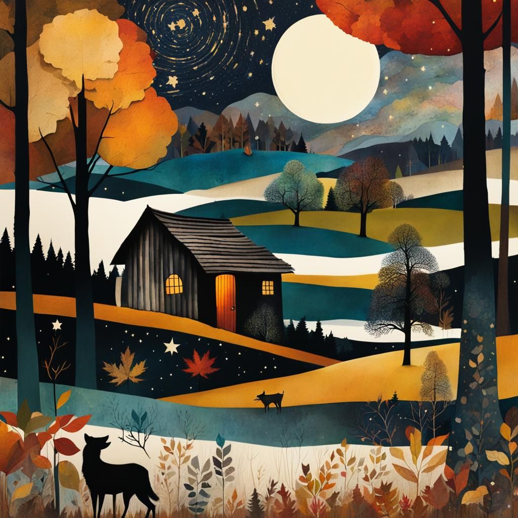 Autumnal Woodland Scene Collage with Medieval Hut