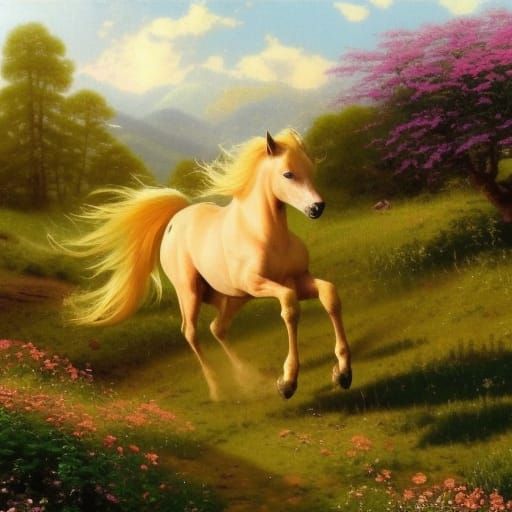 Palomino Horse Galloping Through Wildflower Meadow