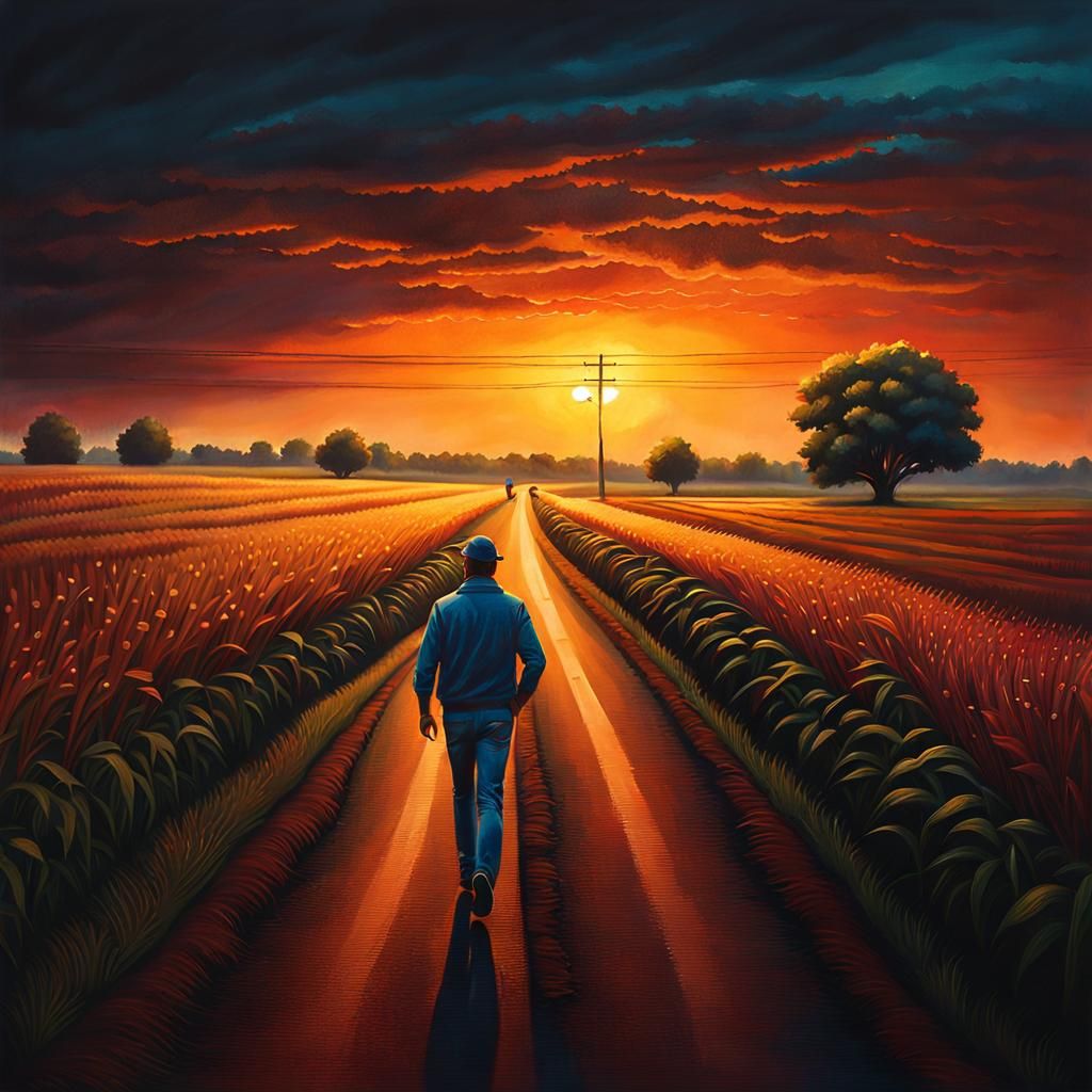 Hyperrealistic Man Walks Dark Road at Evening