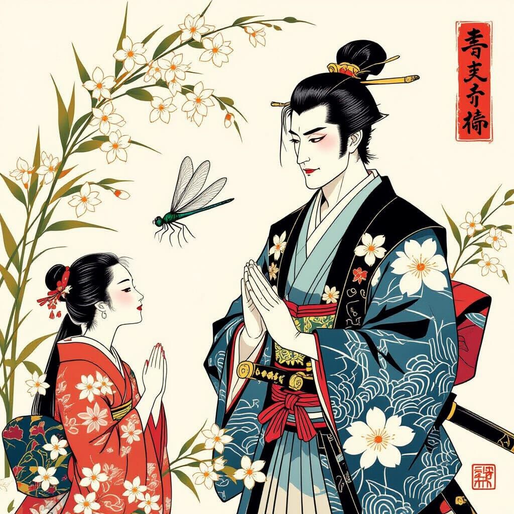 Samurai in Rice Blossoms: Ukiyo-e Style