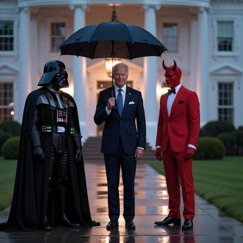 Biden, Darth Vader, and Devil on Stormy White House Lawn
