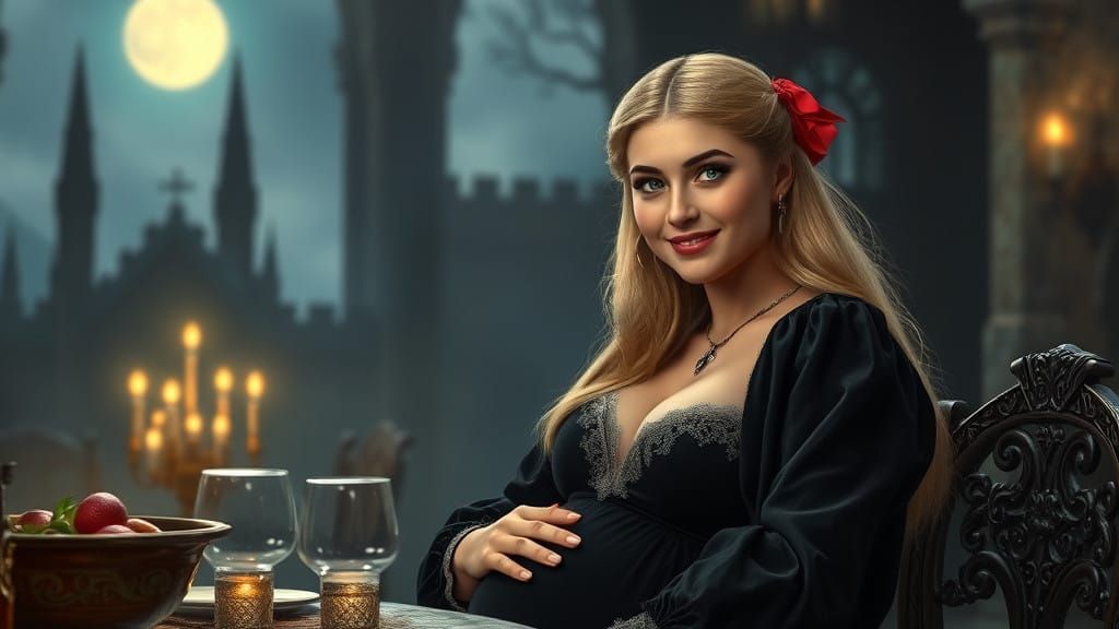 Medieval Pregnant Woman Enjoys Moonlit Feast in Castle