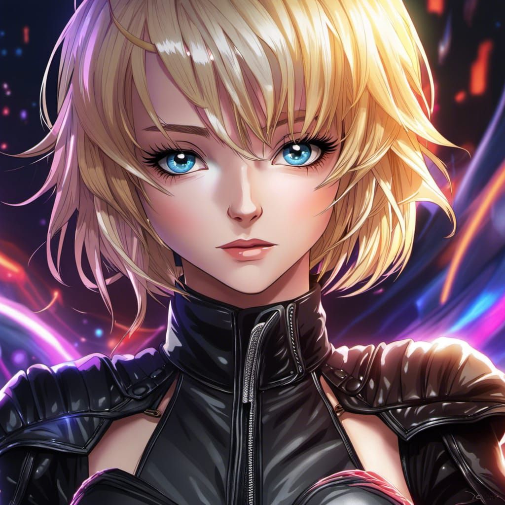 Anime Girl with Rainbow Eyes and Leather Outfit