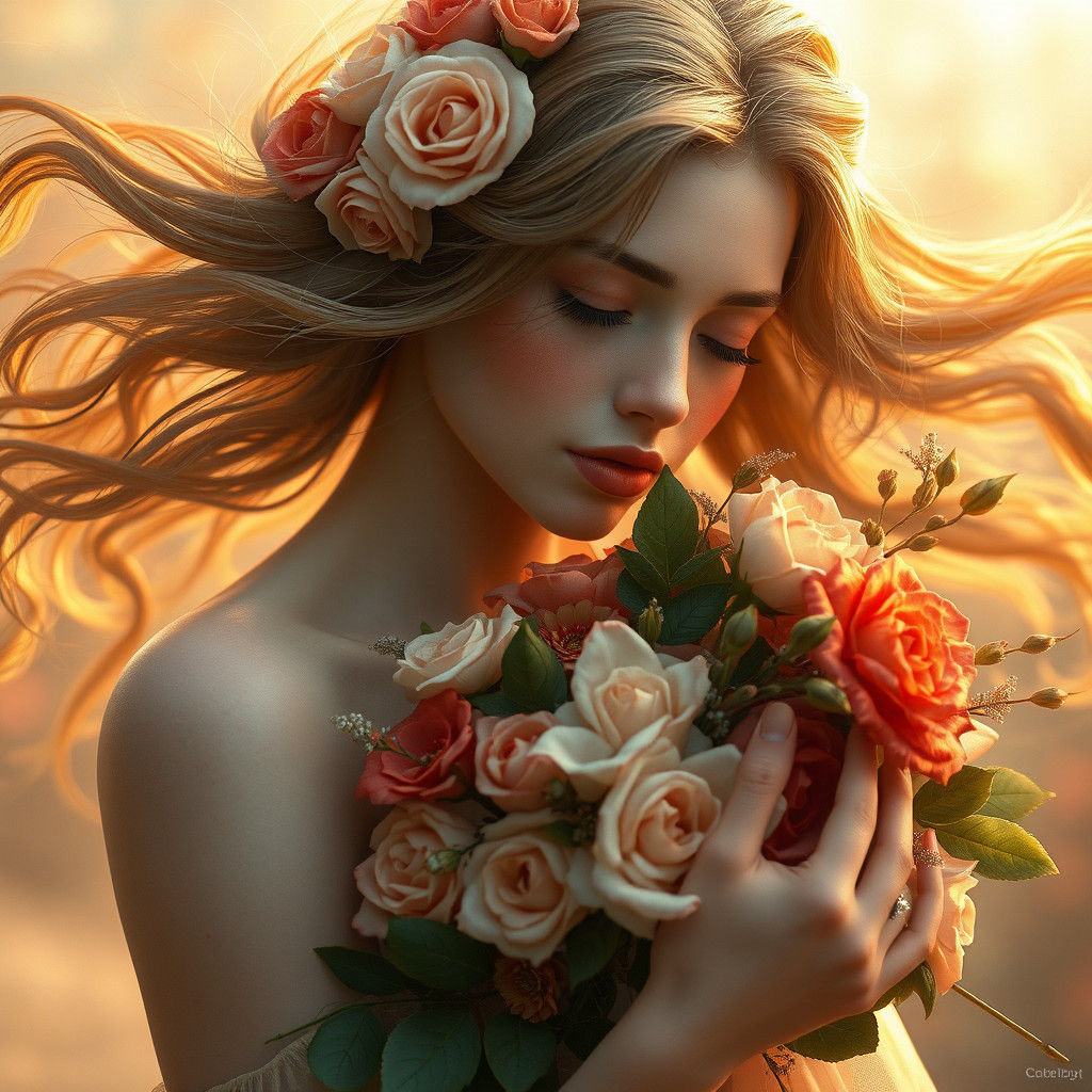Ethereal Woman with Roses in Art Nouveau Style