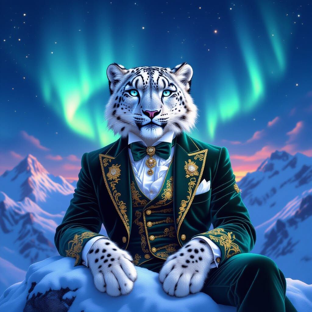 Majestic Snow Leopard in Velvet Waistcoat with Aurora Boreal...