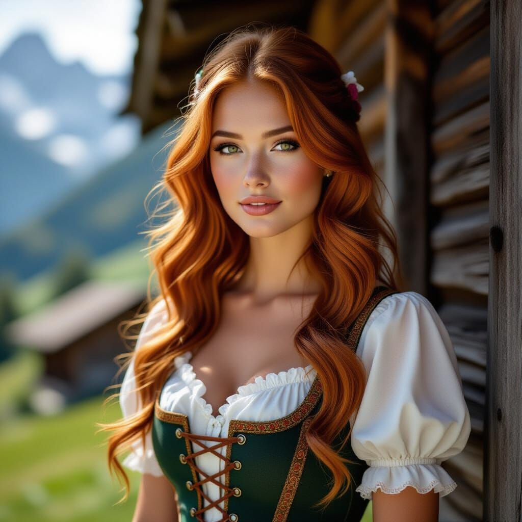 Young Ginger Swiss Shepherdess in Mountains