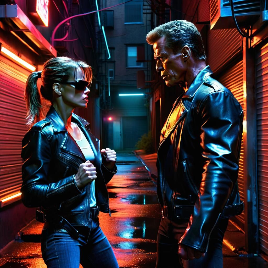 Sarah Connor vs Terminator: Neon-lit Alley Fight