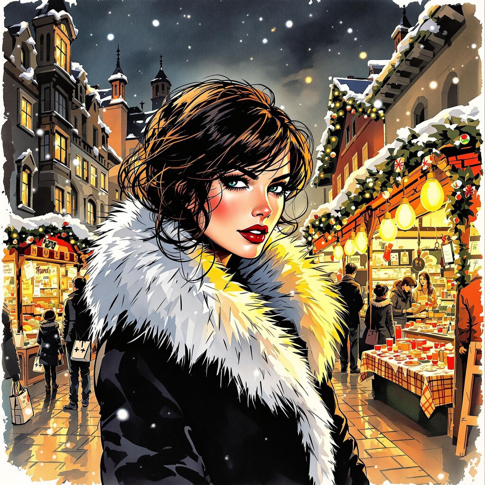 Mysterious Woman Shops at Christmas Market in Noir Style