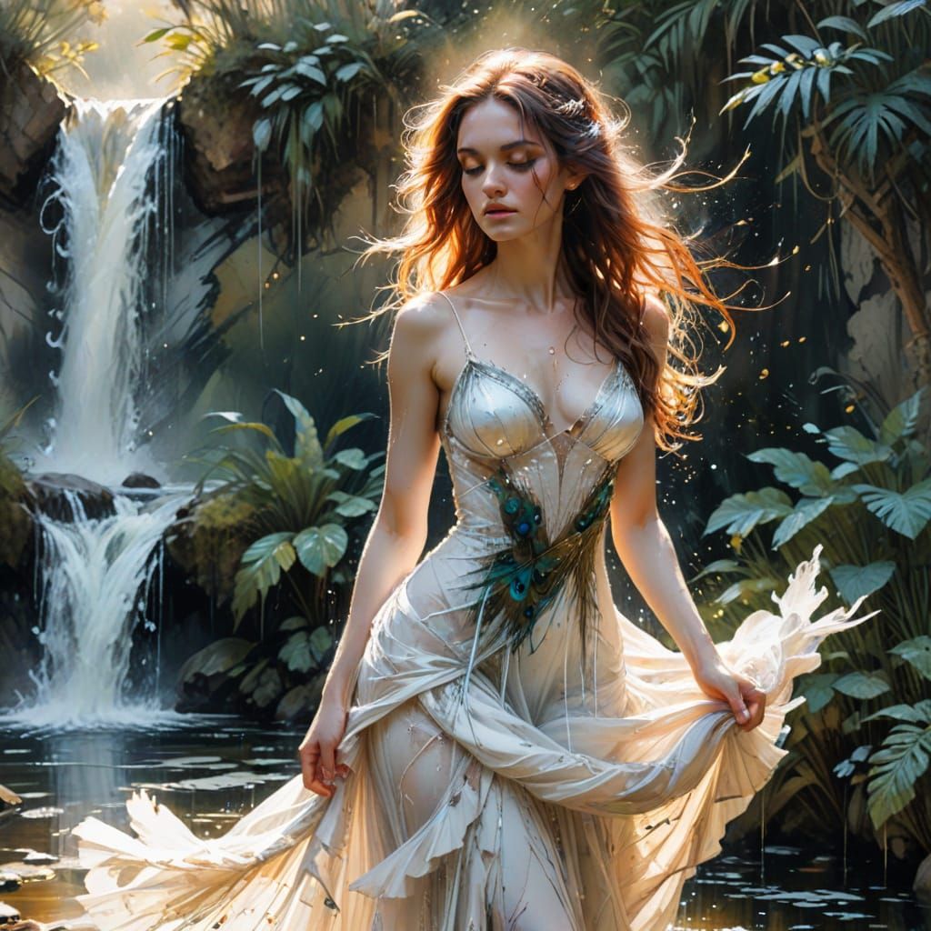 Woman in Peacock Gown by Waterfall in Golden Sunset