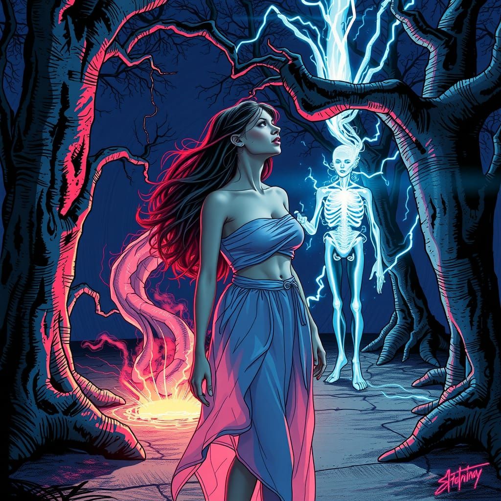 Mystical Grove Encounter: Dark Fantasy Meets Neon Noir