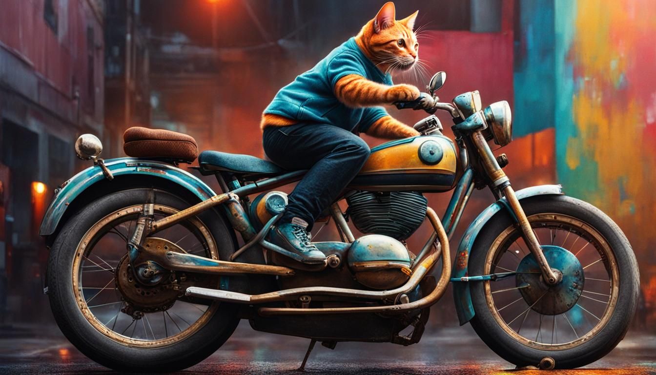 Hyperrealistic Cat Mechanic Riding Bicycle