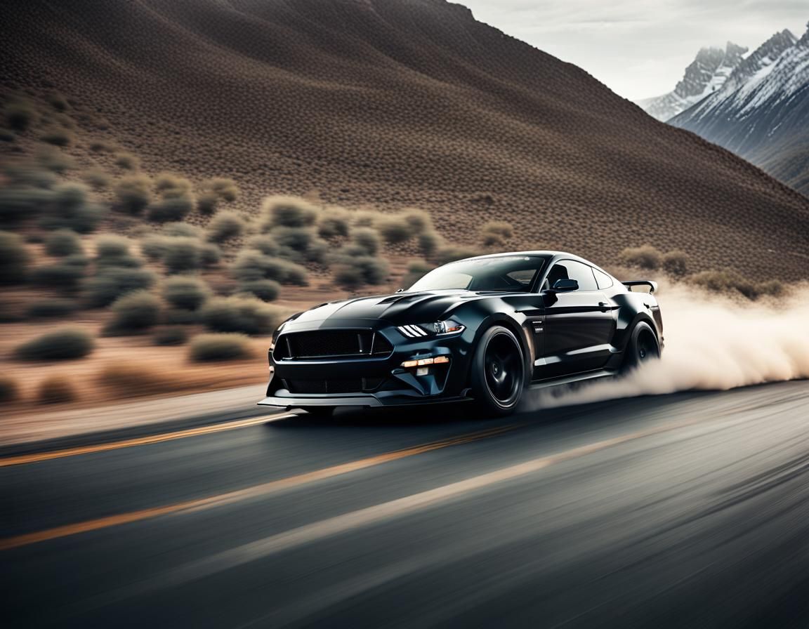 Dynamic Black Mustang RTR in Motion, Cinematic Style