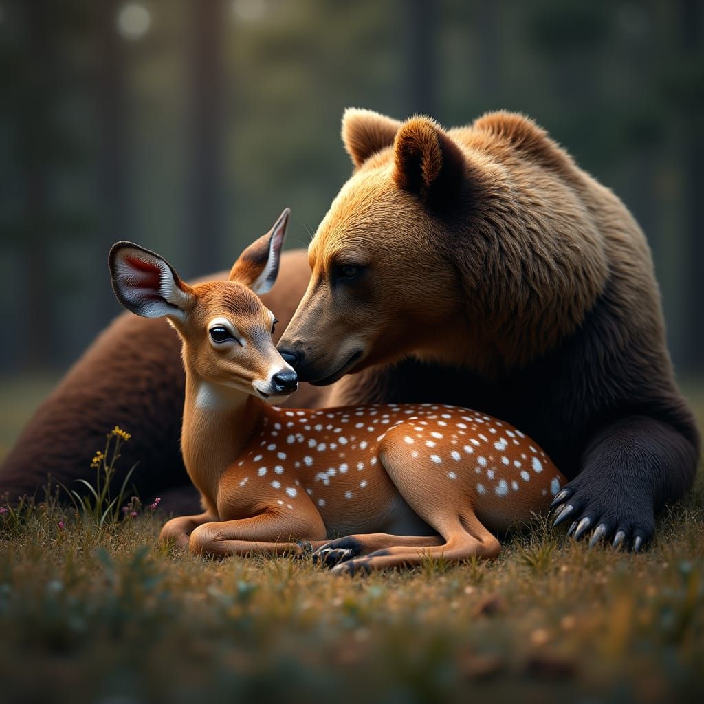 Yearling Deer and Grizzly Bear in Warm, Intimate Scene