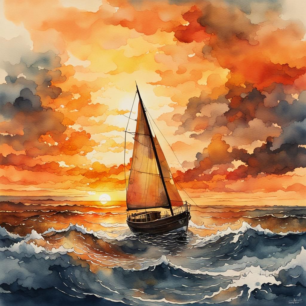 Sailboat at Sunset: Watercolor and Ink Painting